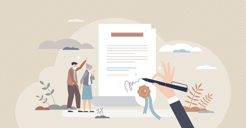 graphic depicting an elderly couple waving next to a large graphic of a document being finalized by an attorney - inheritance and divorce