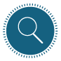 Circular dark blue icon with magnifying glass in the center of it