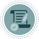 Circular mint green icon with quill, paper, and check mark in the center of it