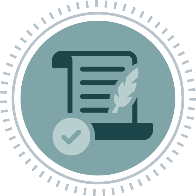Circular mint green icon with quill, paper, and check mark in the center of it